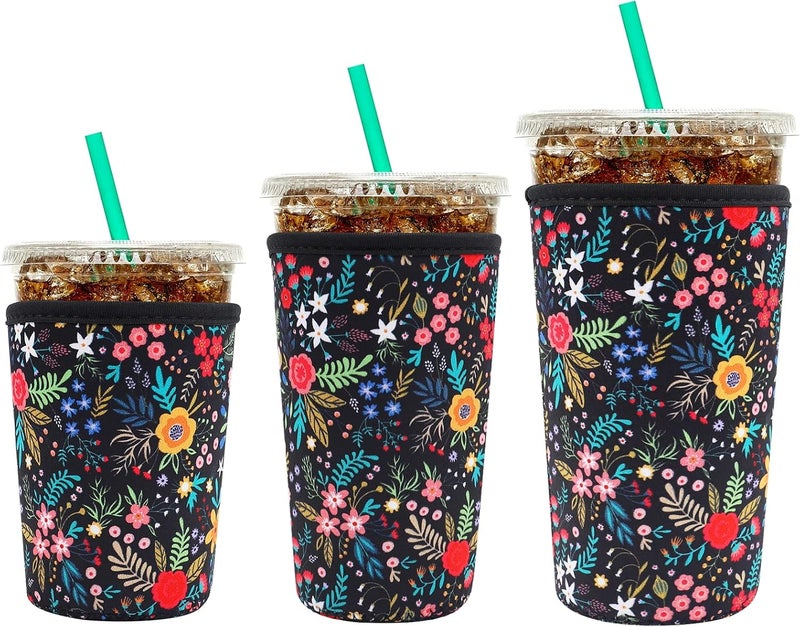 YR Reusable Neoprene Insulator Sleeve for Iced Coffee Cups, 3 Pack Coffee Coolies sleeves for Iced & Hot Drinks, Cold Beverage Cooler Compatible with Starbucks Coffee and More (Little Flower) - Image 1